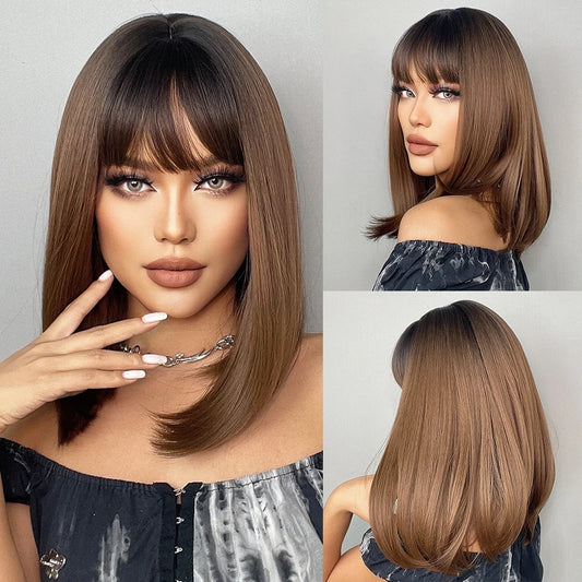 GEMMA Dark Brown BoBo Synthetic Wig with Bangs Shoulder Length Straight Wig for Women Cosplay Daily Hair Wig Heat Resistant Fibr