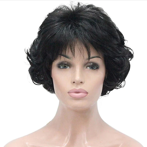 HAIRJOY Women Wig 2 Tones Grey White Ombre Synthetic Short Layered Curly Hair Puffy  Bangs Heat Resistant Fiber
