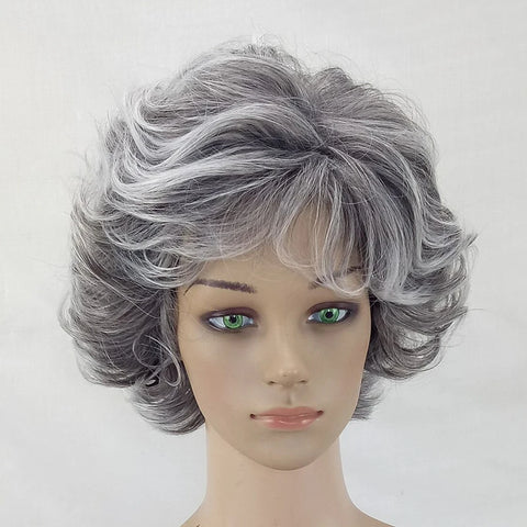 HAIRJOY Women Wig 2 Tones Grey White Ombre Synthetic Short Layered Curly Hair Puffy  Bangs Heat Resistant Fiber