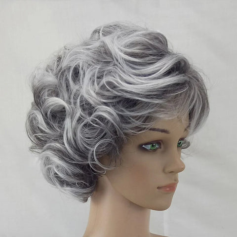 HAIRJOY Women Wig 2 Tones Grey White Ombre Synthetic Short Layered Curly Hair Puffy  Bangs Heat Resistant Fiber