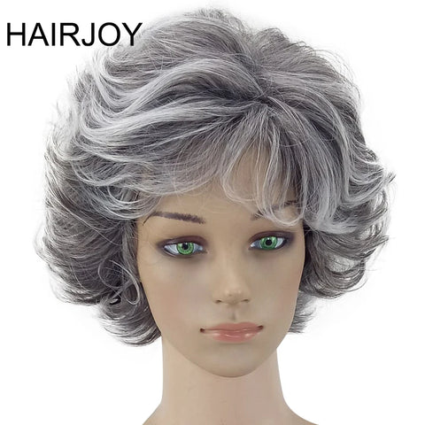 HAIRJOY Women Wig 2 Tones Grey White Ombre Synthetic Short Layered Curly Hair Puffy  Bangs Heat Resistant Fiber