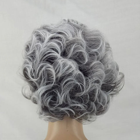 HAIRJOY Women Wig 2 Tones Grey White Ombre Synthetic Short Layered Curly Hair Puffy  Bangs Heat Resistant Fiber