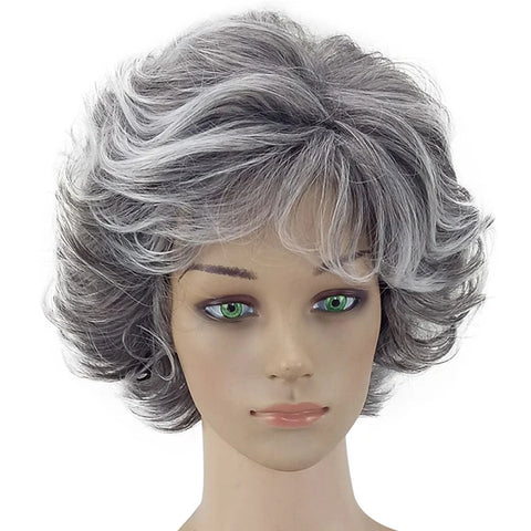 HAIRJOY Women Wig 2 Tones Grey White Ombre Synthetic Short Layered Curly Hair Puffy  Bangs Heat Resistant Fiber