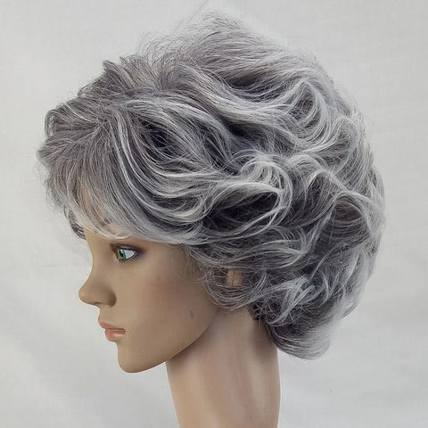 HAIRJOY Women Wig 2 Tones Grey White Ombre Synthetic Short Layered Curly Hair Puffy  Bangs Heat Resistant Fiber
