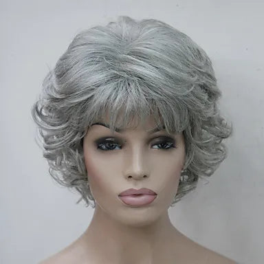 HAIRJOY Women Wig 2 Tones Grey White Ombre Synthetic Short Layered Curly Hair Puffy  Bangs Heat Resistant Fiber