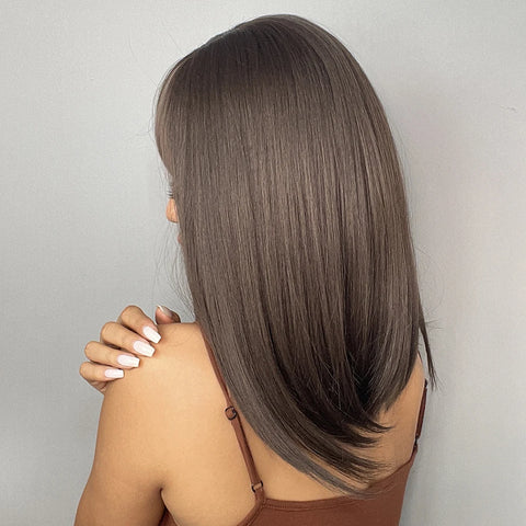 GEMMA Dark Brown BoBo Synthetic Wig with Bangs Shoulder Length Straight Wig for Women Cosplay Daily Hair Wig Heat Resistant Fibr