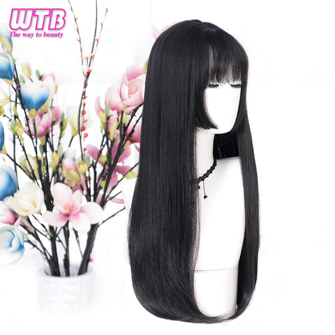 WTB Synthetic Long Straight Hair Black Lolita Wigs with Bangs for Women Fashion Female Cosplay Party Christmas Wigs Multicolor