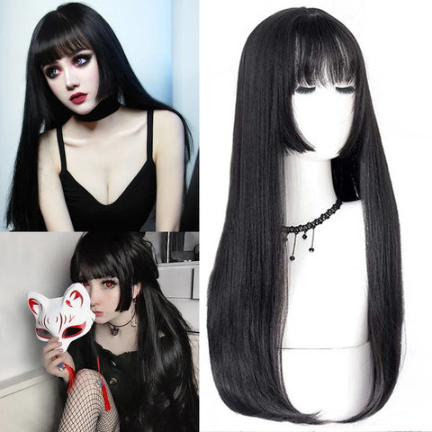 WTB Synthetic Long Straight Hair Black Lolita Wigs with Bangs for Women Fashion Female Cosplay Party Christmas Wigs Multicolor