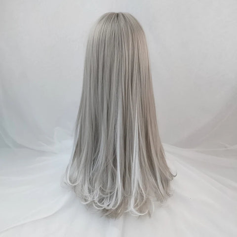 Women Long Synthetic Lolita Wig Gray Highlight Hanging Ear Dyeing Micro-Volume Wavy Cosplay Wigs