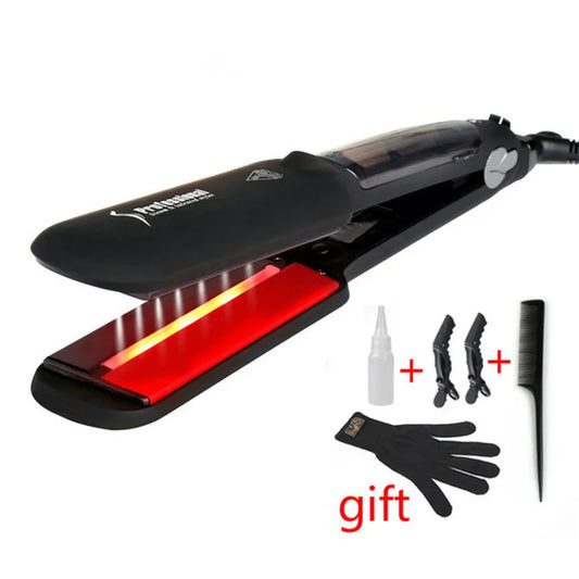 Professional Steam Hair Straightener Infrared Care Ceramic Coated 2 Inch Wide Plates for Salon Straightening Styling