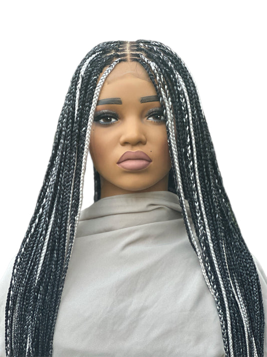 A1- Box Braided Synthetic Wig- Black with Platinum Highlights