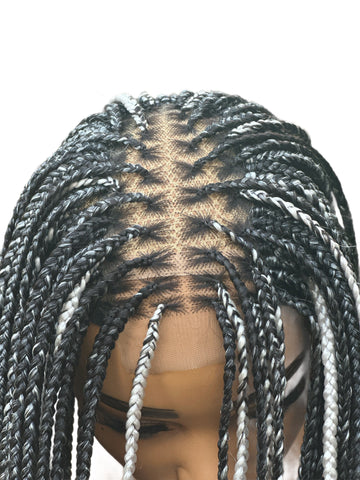 A1- Box Braided Synthetic Wig- Black with Platinum Highlights