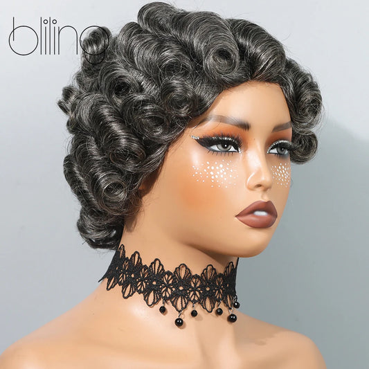 Salt and Pepper Pixie Cut Human Hair Wigs for Women Gray Hair Black Mixed With 60#Color for Daily Use Glueless Loose Wave Wigs
