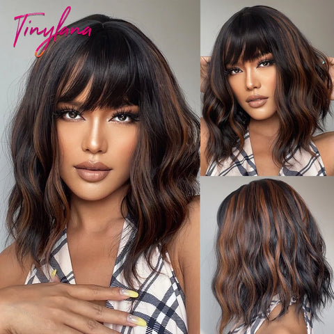 Light Pink Short Wavy Synthetic Hair Wigs with Bangs Cosplay Natural Shoulder Length Bob Wig For Women Afro Heat Resistant Fiber