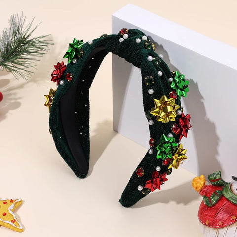 New Year Knot Wide Headband Christmas Snowflake Velvet Rhinestone Pearls Hair Hoop For Women Girls Xmas Headwear Accessories