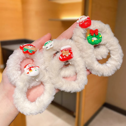 6Pcs Plush Hair Ties for Girls Christmas Theme Design including Santa Claus Snowman Fashionable Winter Hair Accessories Gift