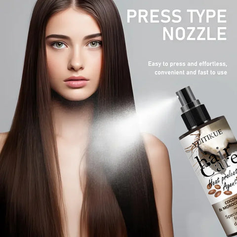 YUITIKUE Leave-In Heat Protectant Spray w/ Coconut & Moroccan Oil - Moisturize & Smooth Dry Damaged Hair, Easy Press Nozzle