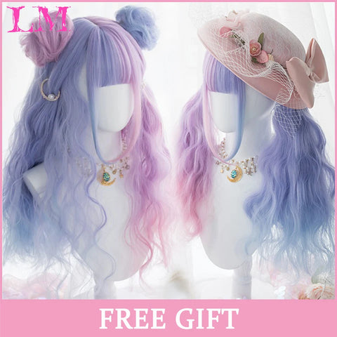 LM Synthetic Hair Long Wave Black And Pink Lolita Wigs For Women Cosplay Wig With Bangs Halloween Christmas Heat Resistant