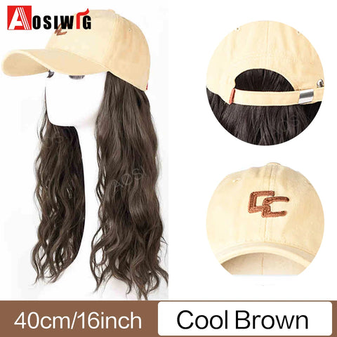Long Wavy Synthetic Wig Baseball Rice White Cap With Hair Extensions Hat Wigs Natural Black Connect Wig Adjustable For Women