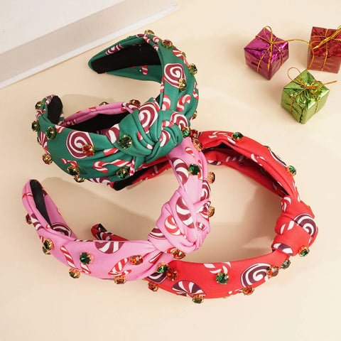 Christmas Magic Wand Red Green Candy Rhinestone Knot Hairband Headband High Apex Hair Accessories Hair Jewerlery