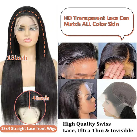 250 Density 13x4 13x6 HD Transparent Bone Straight 30 40 Inches Lace Front Human Hair Wigs Brazilian Frontal Wigs For Women