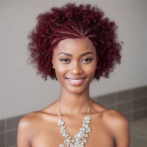 13x4 Lace Frontal Natural Black Afro Curly Human Hair with Braids for Black Women 6 Inches 100% Remy Hair Brazilian Hair Wig