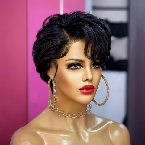 6inch 150% density 13x1 T part lace natural black color pixie cut human hair wigs for women short curly  daily party cosplay use