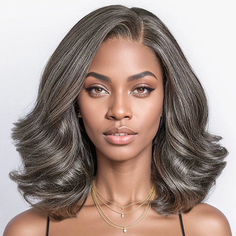 Natural Wave Gray Short Bob Salt And Peppe Glueless Closure Lace Wig Brazilian Human Hair Ready to Wear Lace Wigs For Women