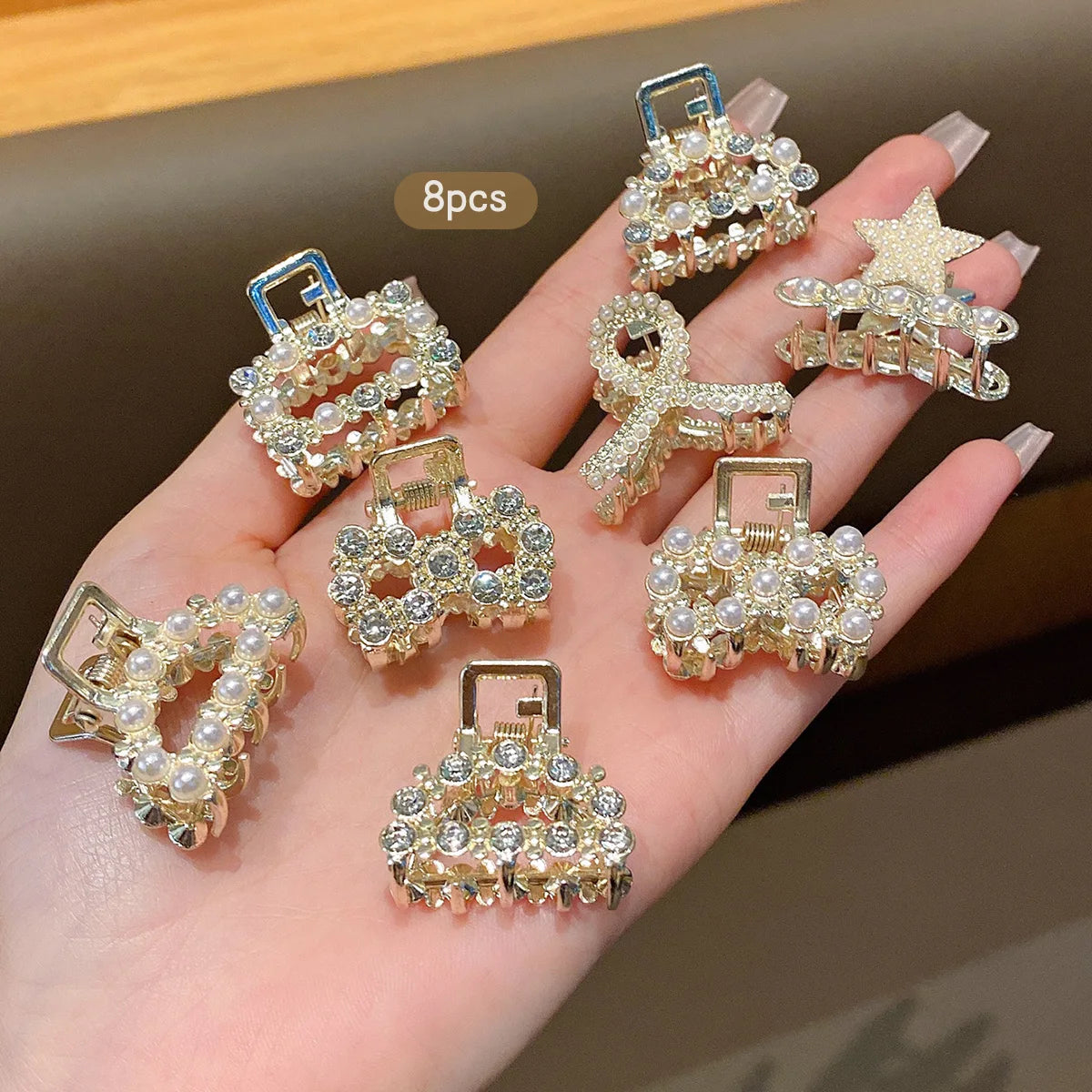 8 alloy rhinestone imitation pearl small hair claws, fashionable and sweet style hair clips suitable for daily use as hair acces