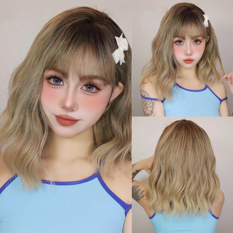 Short Wavy Wine Red Synthetic Wigs for Women Curly Lolita Wigs With Bangs Shoulder Length Wigs Natural Looking Daily Cosplay