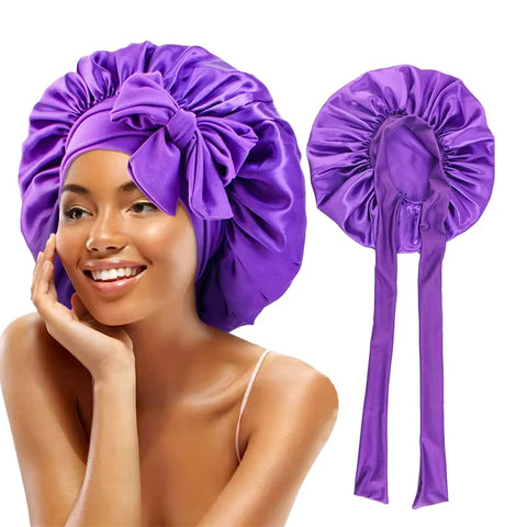 New Women Satin Solid Sleeping Hat Silky Bonnets With Tie Bands Elastic Shower Cap Adjustable Cap For Curly Hair Bonnets