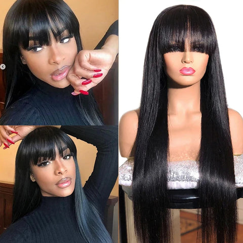 Brazilian Bone Straight Long 100% Human Hair Wigs With Bangs Natural Black Fringe Wig With Bangs For Women cheap wigs on Sale