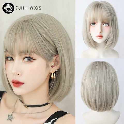 7JHH WIGS Short Straight Chocolate Bob Wig for Women Daily High Density Synthetic Layered Brown Hair Wigs with Neat Bangs