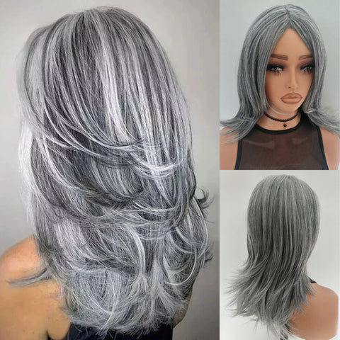 Silvery Gray Ombre Layered Wigs with Curtain Bangs for Women Synthetic Short Light Grey Wig Layered Gray Wavy Bob Wig Highlight