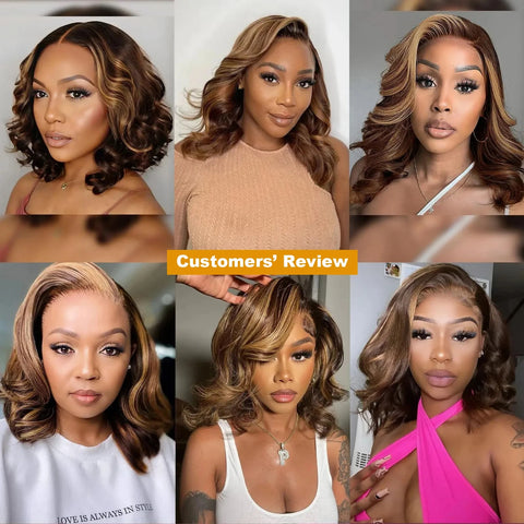 Highlight Body Wave Bob Wig Human Hair  Lace Front Human Hair Wigs For Women Honey Blonde 13X6 Transparent Lace Frontal Wig