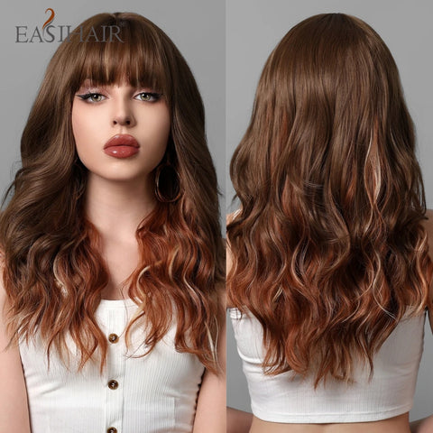 Ombre Platinum Blonde Synthetic Wig with Bangs Medium Length Layered Wigs for Women Natural Cosplay Party Hair Heat Resistant