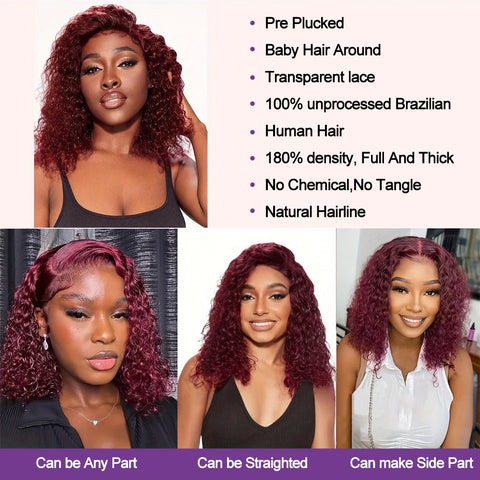 13x6 Glueless Bob Wig Burgundy 99J Deep Wave Brazilian Human Hair Short Bob With Curly HD Transparent Lace Front Wigs For Women
