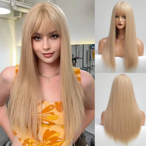 Long Straight Synthetic Wig Granny Gray Center Part Natural Bangs High Temperature Silk Wig For White Women Cosplay Daily