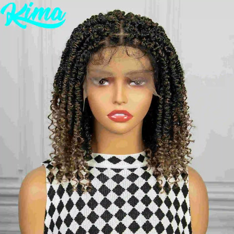 1B-27 Short Synthetic Twist Braided Wig for Black Women Knotless Passion Twist Braided Lace Wig Twist Spring Wig with Baby Hair