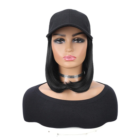 Baseball Cap with Synthetic Hair Extensions Straight Short Bob Hairstyle Adjustable Removable Wig Hat 10 inch for Woman Girl