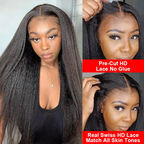 Yaki Kinky Straight Glueless Wigs Human Hair Ready To Wear Preplucked 4C Edges 13x6 HD Lace Frontal Wig Human Hair For Women 200