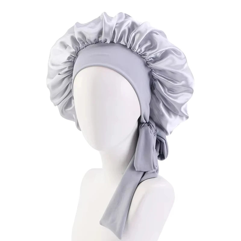 New Women Satin Solid Sleeping Hat Silky Bonnets With Tie Bands Elastic Shower Cap Adjustable Cap For Curly Hair Bonnets