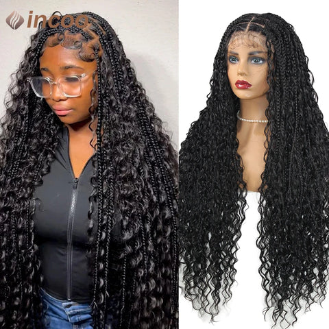 Boho Box Braided Wigs Curly Hair Synthetic Full Lace Front Wigs for Black Women Goddess Locs Braid Wig Bohemian Box Braid Wig