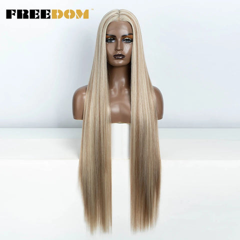 FREEDOM Straight Synthetic Lace Front Wig For Women 38 Inch Long Ombre Brown Red Blonde Hightlight Lace Frontal Wigs Cosplay Wig