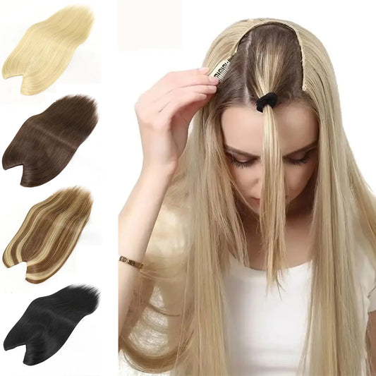 V Shape Clip In Human Hair Extensions  Invisible Brown Blonde Highlight Toppers For Women Straight Brazilian Remy Hair 16Inch
