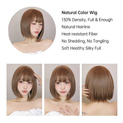 Light Brown Synthetic Wigs Straight Short Bob Cut with Bangs Wig for White Women Korean Daily Party Cosplay Heat Resistant Hair