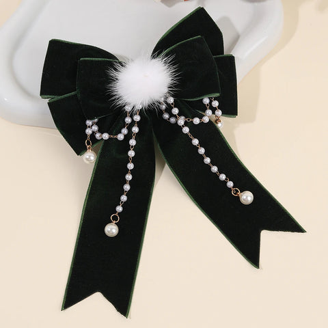 Elegant Red Bow Hair Accessories Sweet Faux Pearls Pendant Hair Clips Ponytail Barrette For Women Girls Fall＆Winter Hedwear
