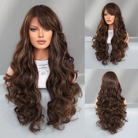 PARK YUN Costume Wig Long Wavy Brown Wig For Women Daily Party Dark Roots Synthetic Blonde Highlight Wigs High Density With Bang
