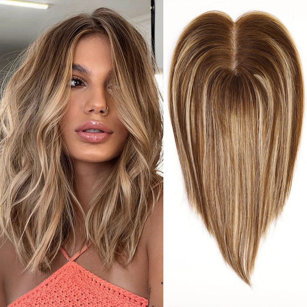 Ash Gray Brown 100% Remy Human Hair Toppers Clips In Hair Lace Base Topper Hairpieces for Women Hair Extensions 12 Inch Straight