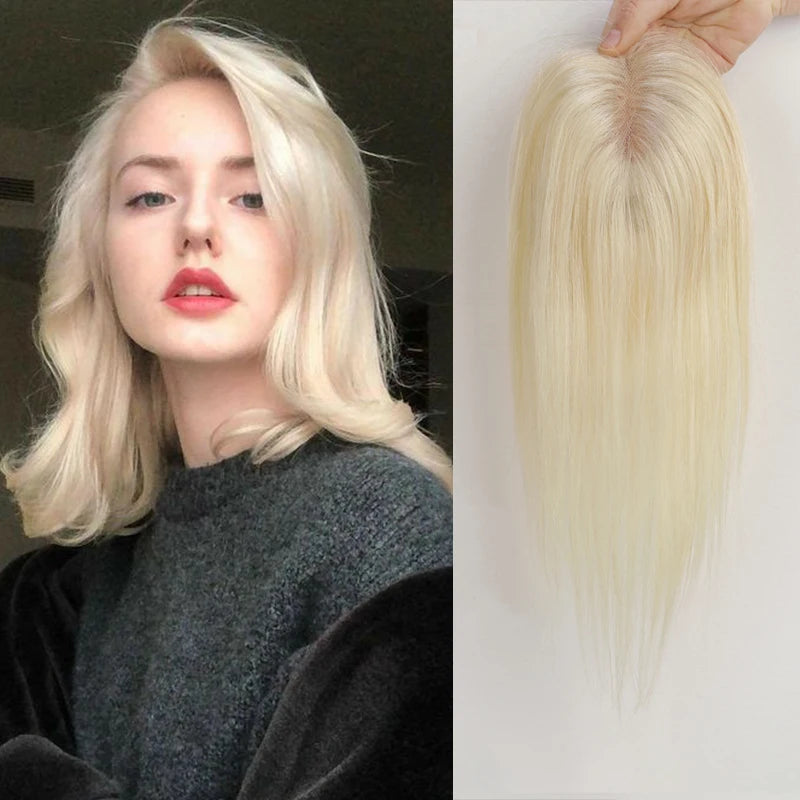 Hair Toppers Blonde Brown Ombre 100% Remy Human Hair Topper HairPieces for Women 150% Density Silk Base 3Clip in Toppers 12inch
